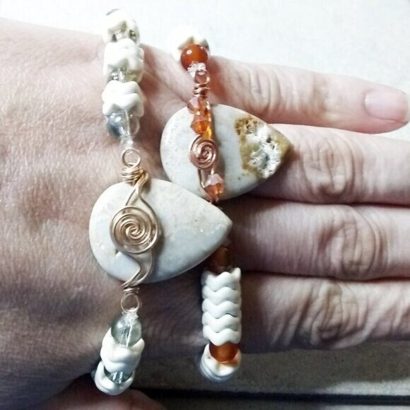 Rustic!!! Wire Wrapped Fossilized Coral Rock Teardrop Focal + Orange Agate Beads - Picture 12 of 12